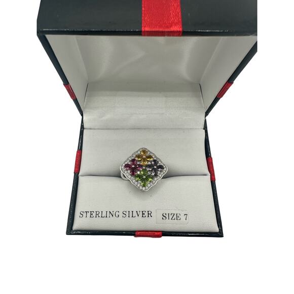 Synthetic Multi-Stone & Cubic Zirconia Cluster Ring in Sterling Silver Size 7 - Picture 1 of 5